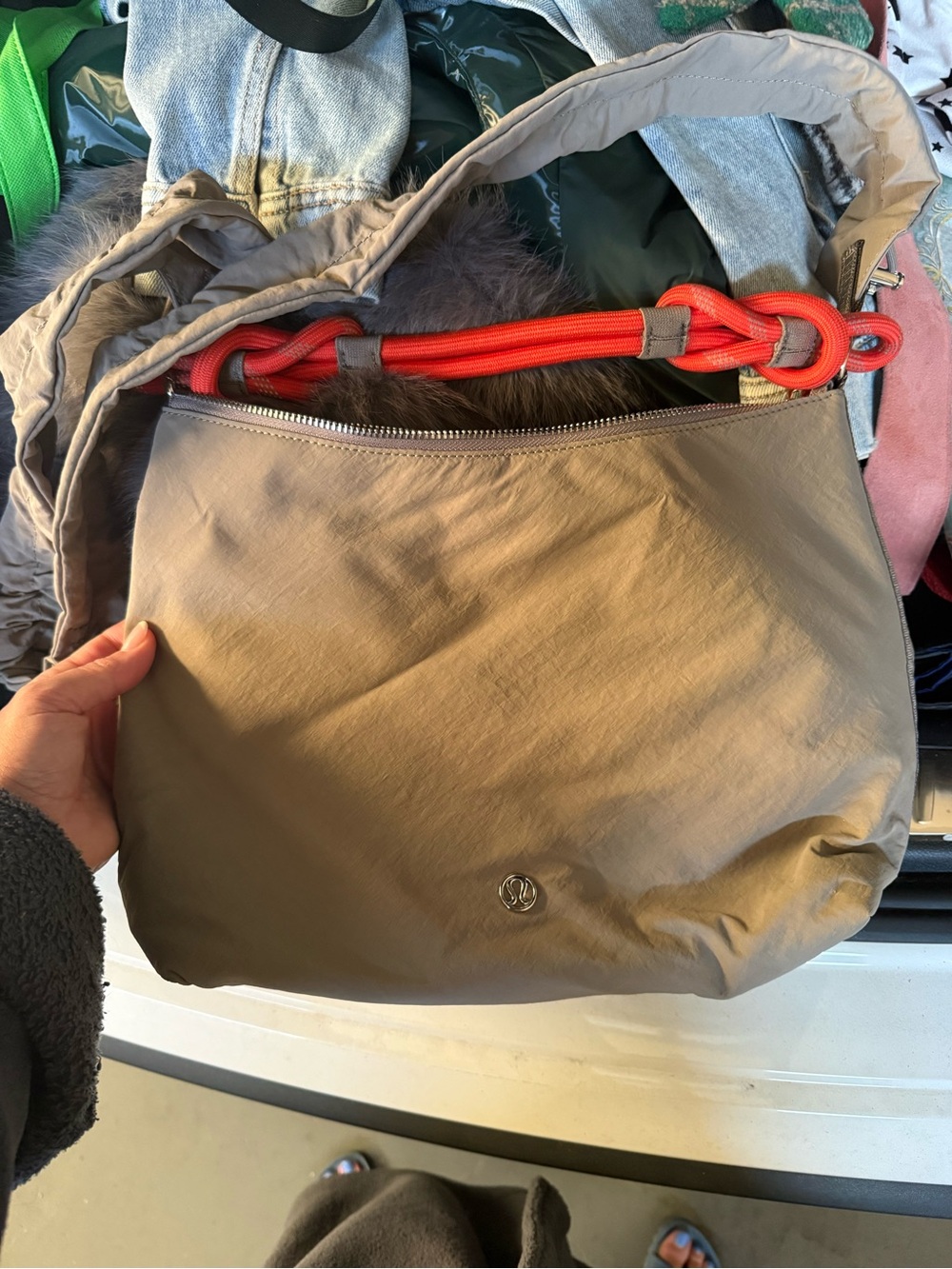 lululemon athletica Taupe Shoulder Bag with Red Accent Strap